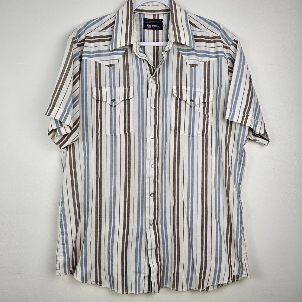 Panhandle Slim Western Shirt Mens 17 Brown Blue Striped Pearl Snap Short Sleeve